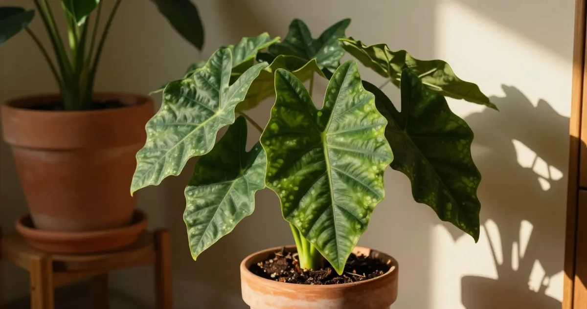 Alocasia plant with bold dark green arrow-shaped leaves and white veins on a bright windowsill
