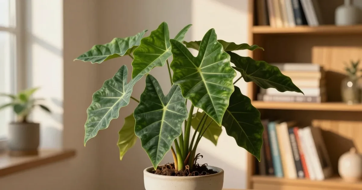 Alocasia odora with large upright leaves growing indoors near a bright window