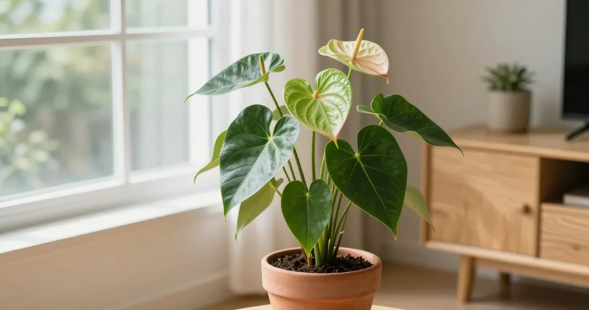 Anthurium plant with red spathe and glossy green leaves in a bright indoor setting