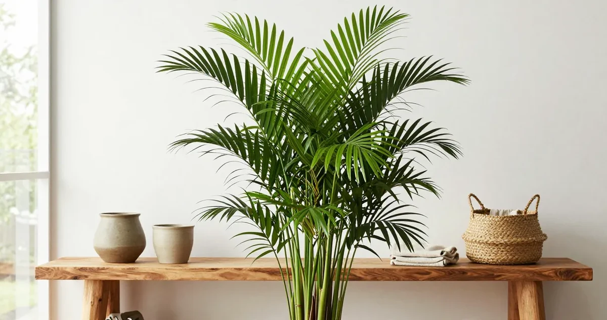 Areca palm with arching fronds in bright indirect indoor light
