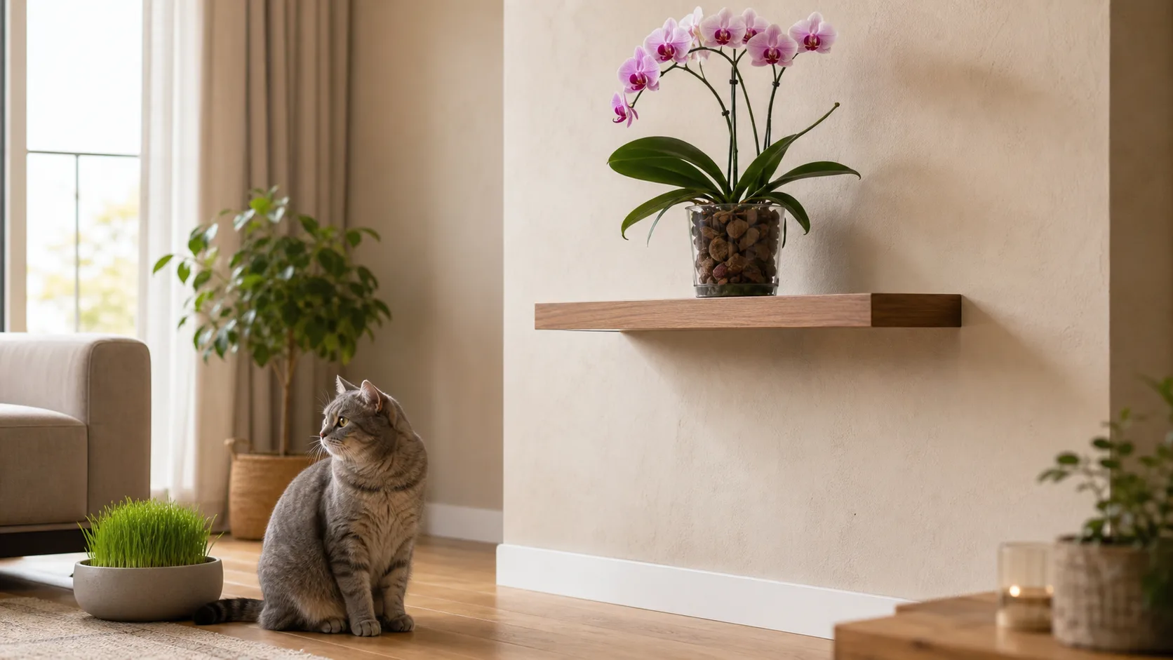 An Inaccessible Bright Shelf Keeps the Orchid Out of Reach Are Orchids Toxic to Cats? What to Check After a Bite - An Inaccessible Bright Shelf Keeps the Orchid Out of Reach