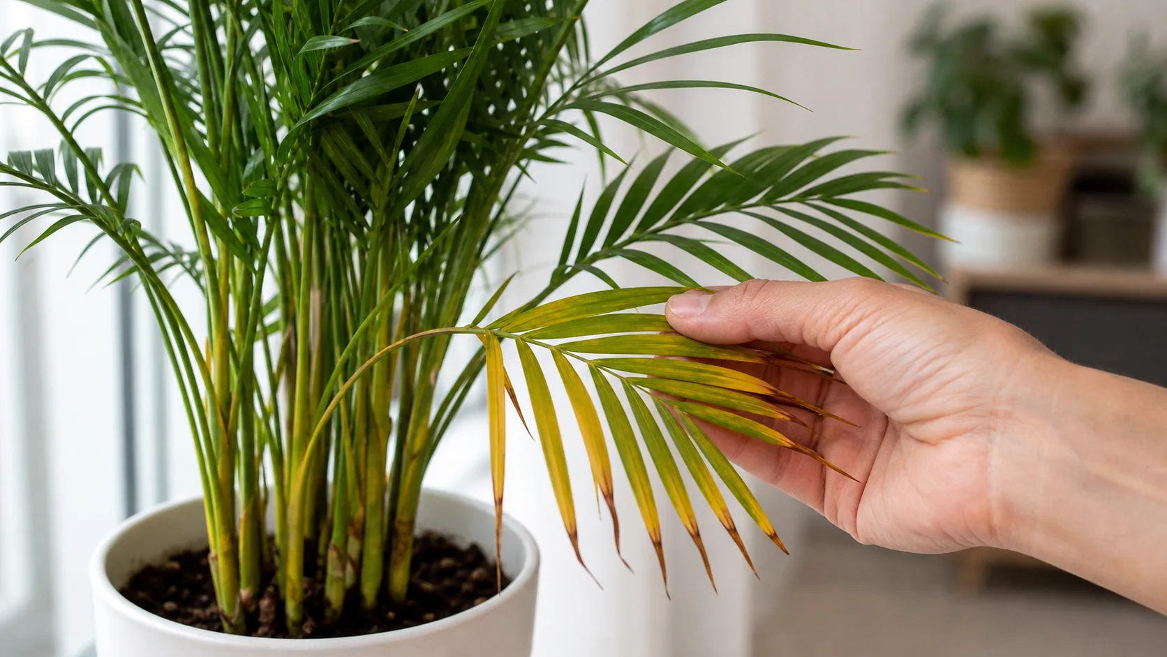 Yellow Leaves, Brown Tips, and Symptom Patterns Areca Palm Care Indoors: Light, Water, and Yellow Leaves - Yellow Leaves, Brown Tips, and Symptom Patterns