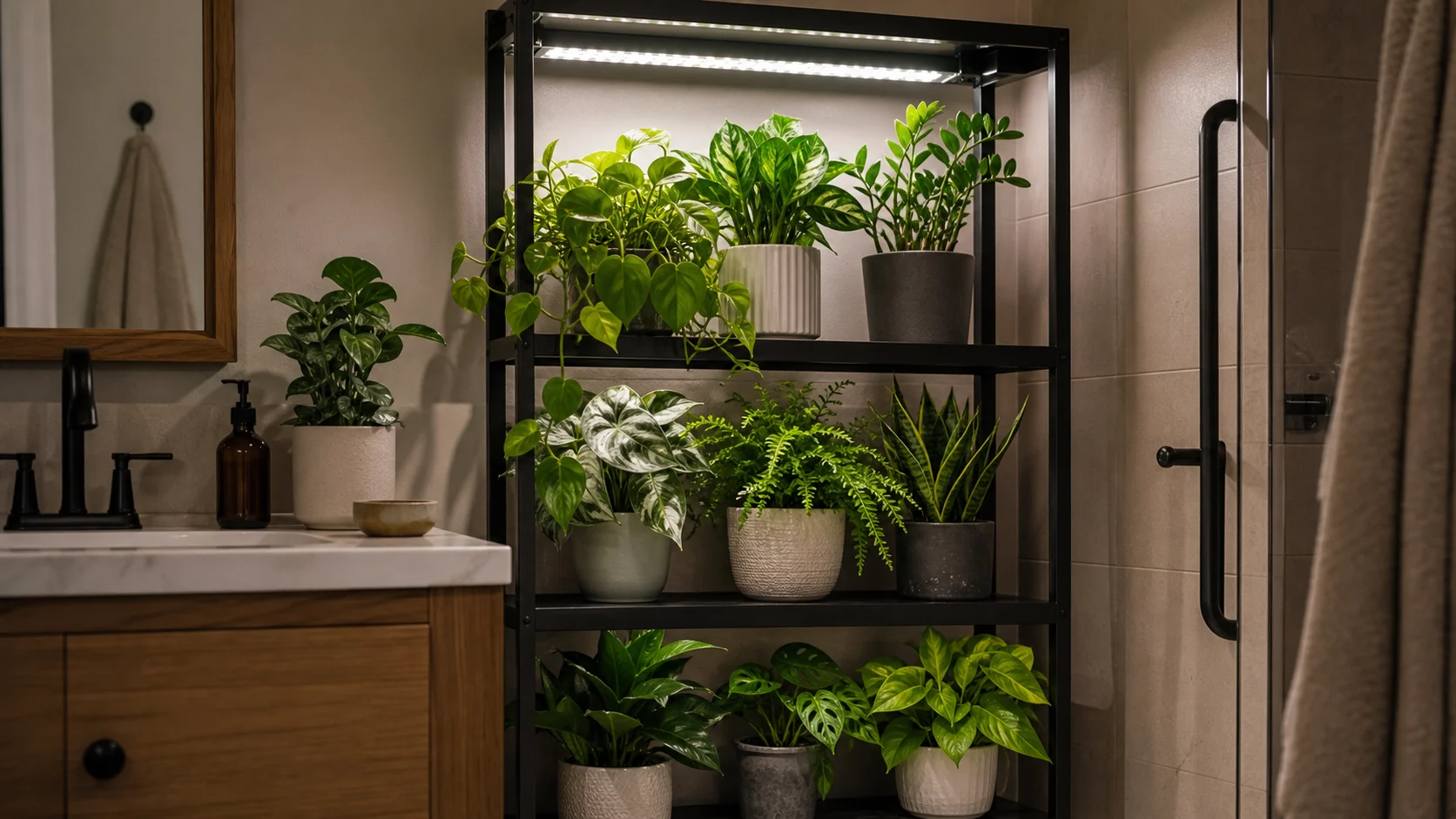 Windowless bathroom with a grow light Best Bathroom Plants for Every Light - Windowless bathroom with a grow light