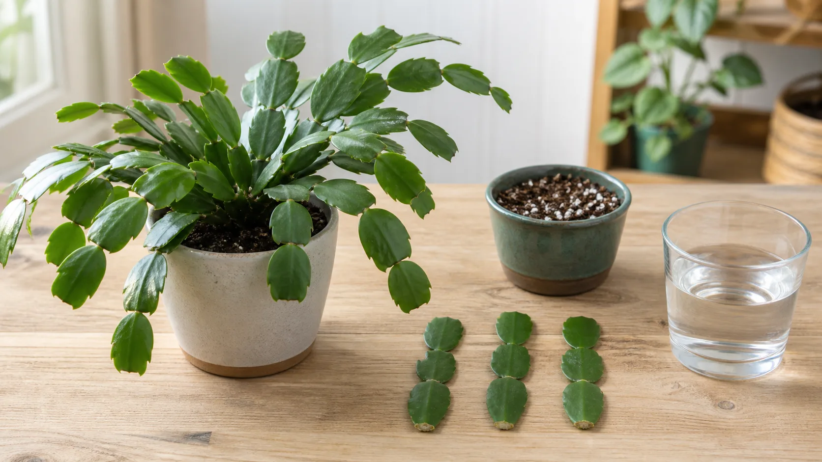 Healthy Christmas Cactus Parent, Three-Segment Cuttings, and Rooting Materials Christmas Cactus Propagation: Root Healthy Segments Without Rot - Healthy Christmas Cactus Parent, Three-Segment Cuttings, and Rooting Materials