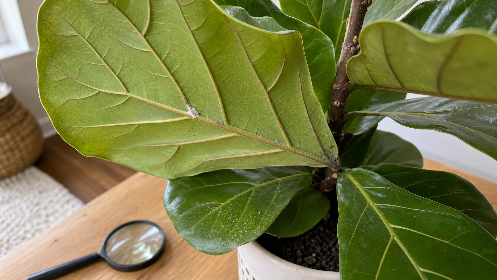 Require physical pest evidence before choosing a treatment Fiddle leaf fig underside with a visible mealybug cluster and leaf stippling
