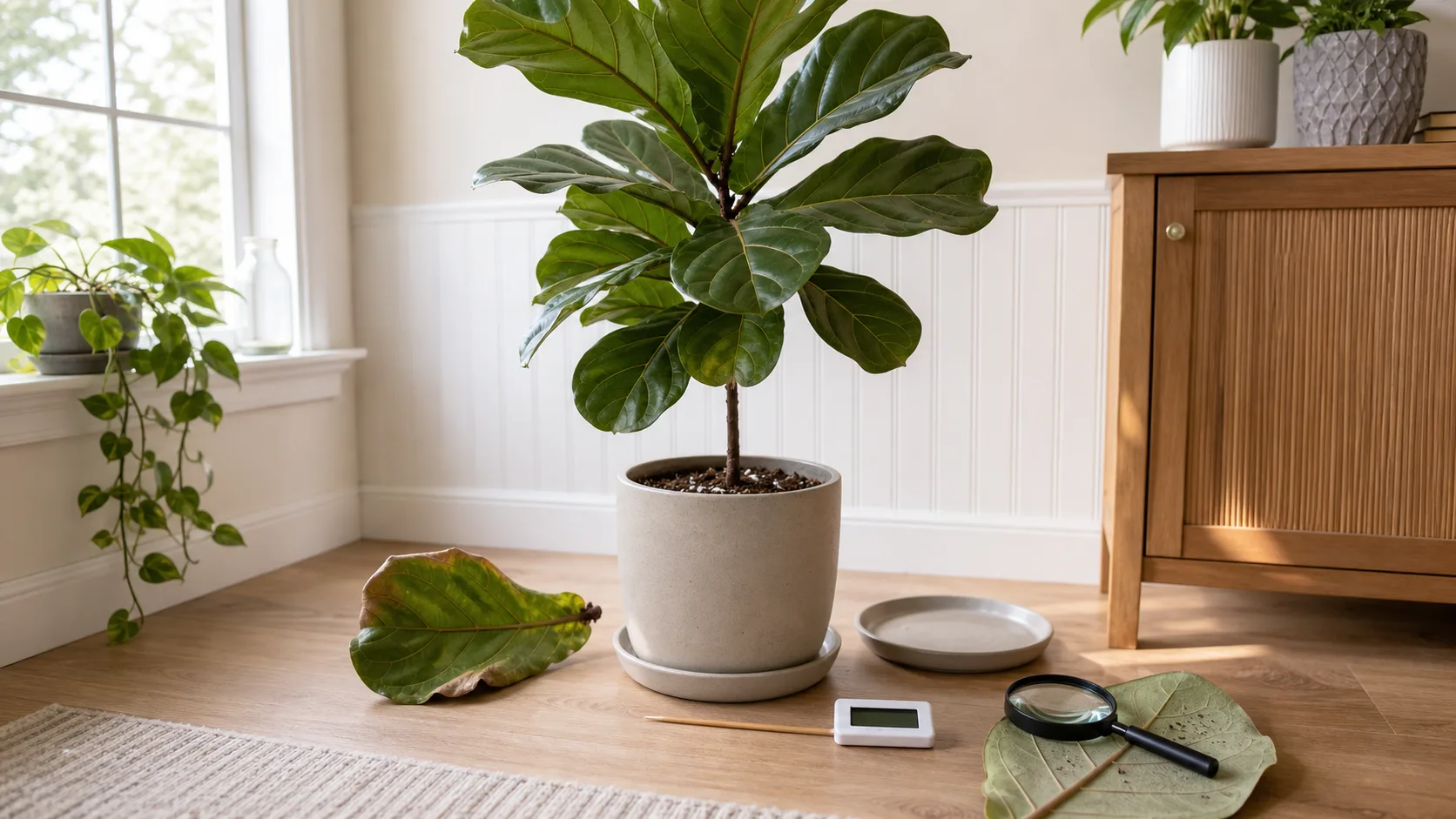 Combine drop location, moisture, temperature, and pest evidence Fiddle leaf fig diagnostic setup with fallen leaves, skewer, thermometer, magnifier, and saucer