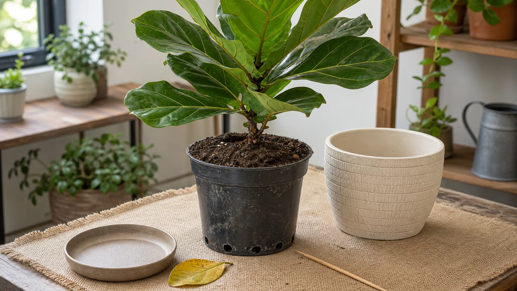 Inspect root-zone evidence before deciding to repot Fiddle leaf fig nursery pot with drainage holes, empty saucer, moisture skewer, and one larger pot