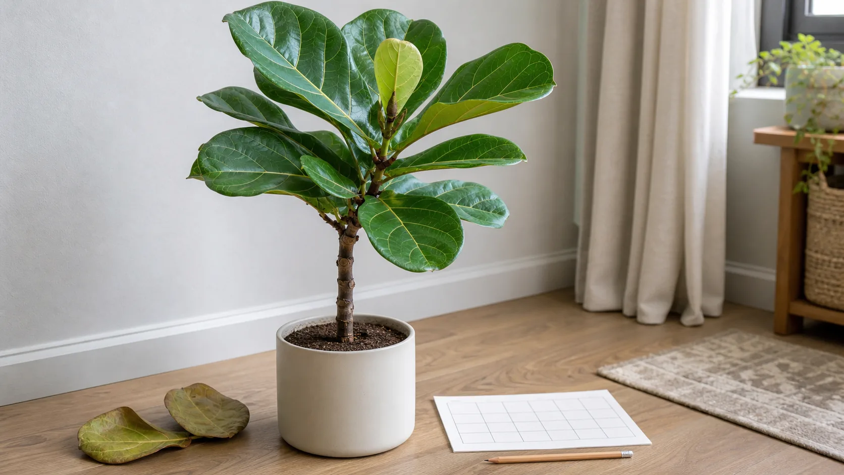 Judge recovery by what happens next, not old fallen leaves Fiddle leaf fig with old fallen leaves, firm canopy, and fresh top growth beside a care log