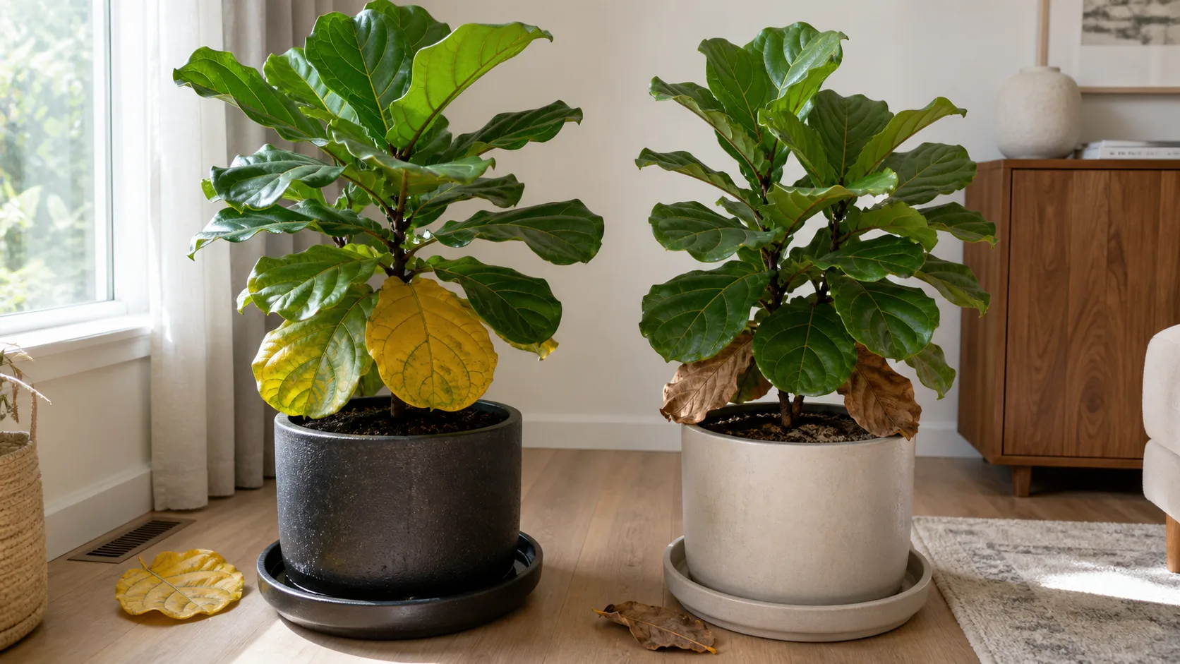 Opposite root-zone problems can both trigger lower-leaf loss Two fiddle leaf figs showing wet-root yellowing and dry-root crisping