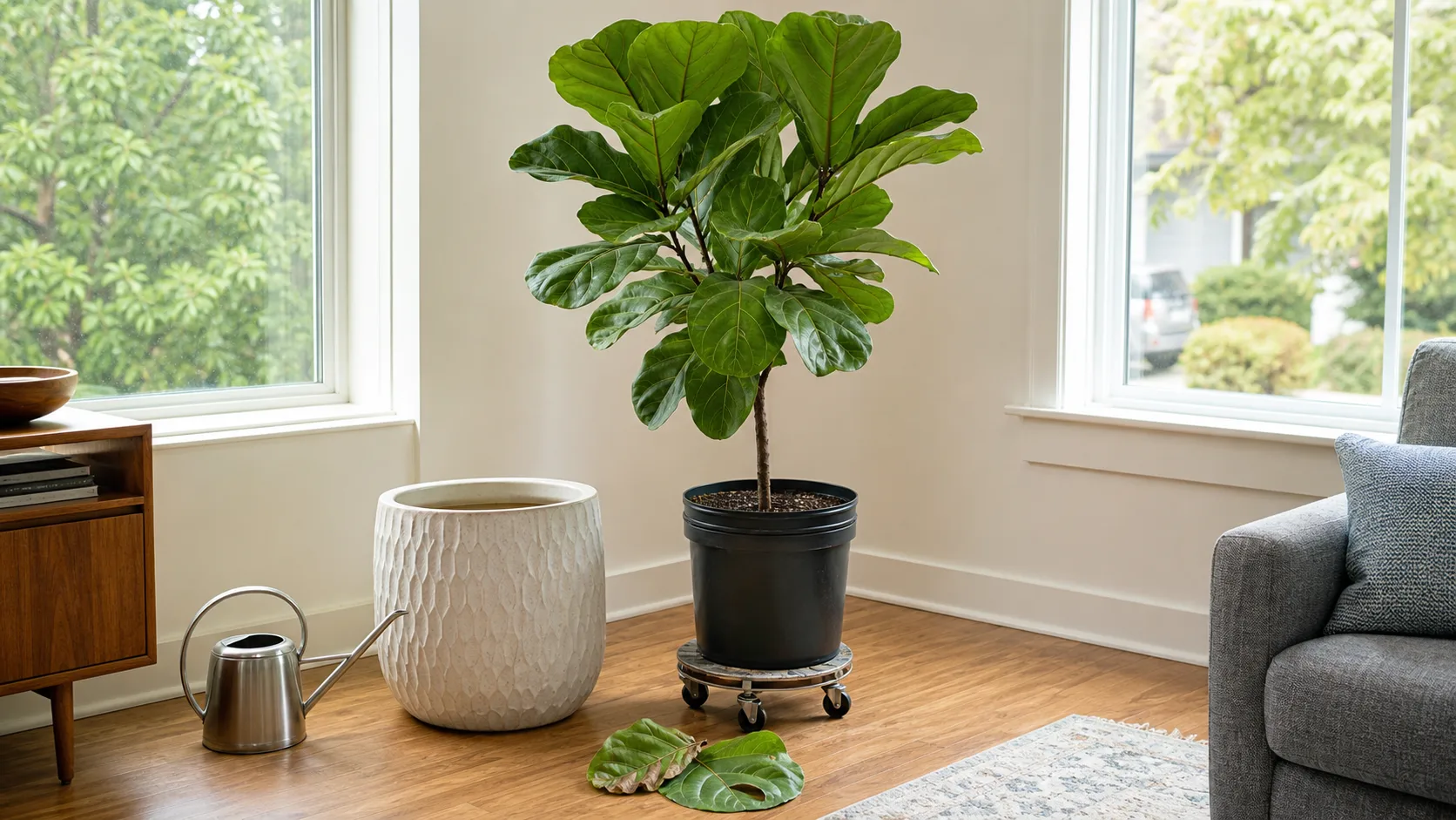 Moving, repotting, and watering changes can blur the original cause Newly purchased fiddle leaf fig between windows with an oversized pot and watering can