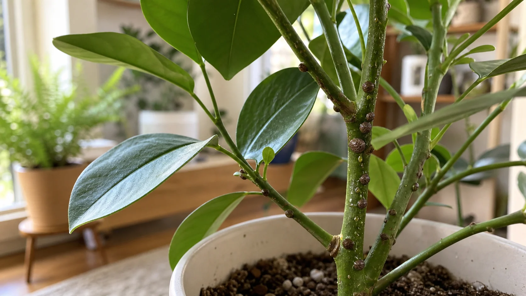 Sticky residue or brownish bumps on stems Houseplant Pests Guide: Identify and Treat Common Indoor Bugs - Sticky residue or brownish bumps on stems