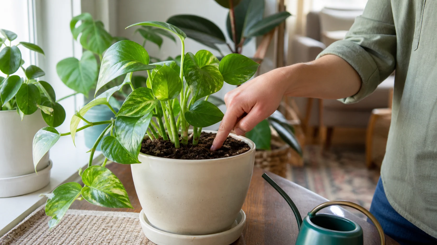Dry at the top, moist deeper down How Often to Water Indoor Plants: The Complete Guide - Dry at the top, moist deeper down