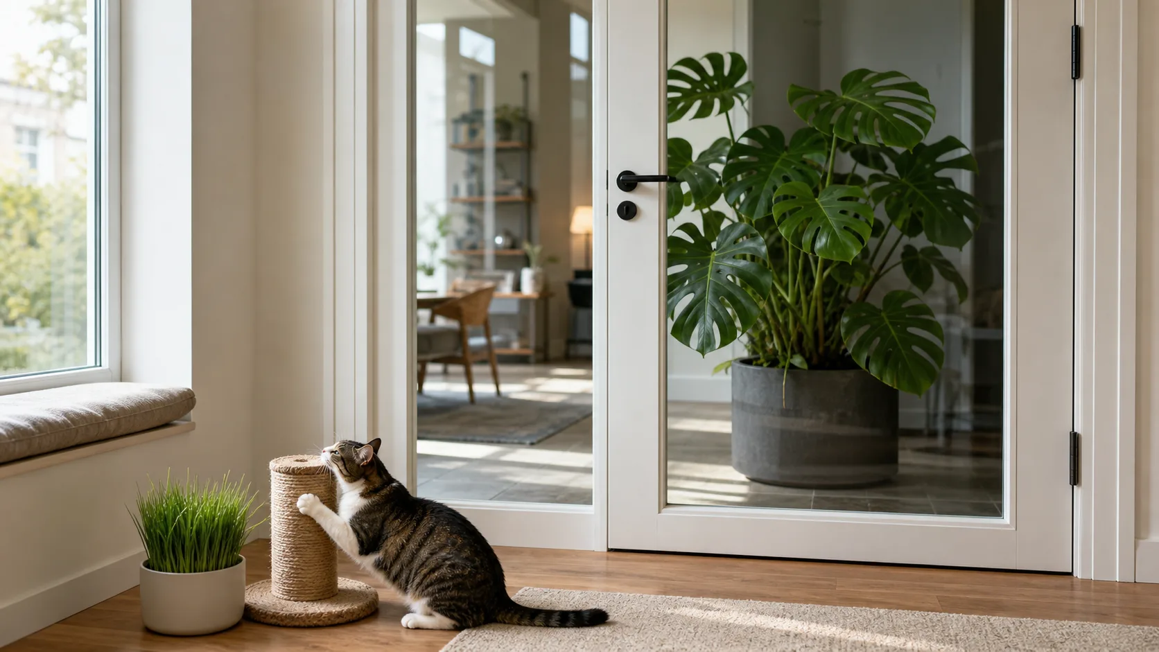 A Closed Glass Door Creates a Real Barrier While Cat Grass Adds Enrichment Is Monstera Toxic to Cats? Symptoms, Risk, and Safer Placement - A Closed Glass Door Creates a Real Barrier While Cat Grass Adds Enrichment