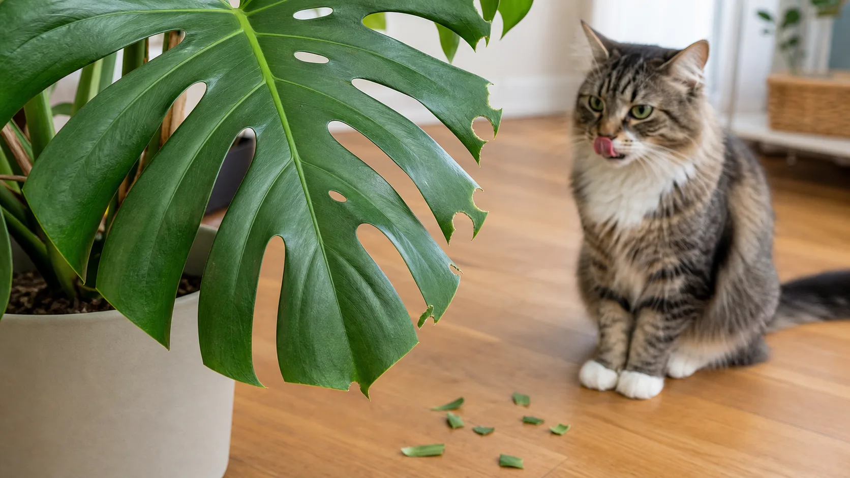 Fresh Edge Damage and Leaf Fragments Help Confirm a Real Chew Is Monstera Toxic to Cats? Symptoms, Risk, and Safer Placement - Fresh Edge Damage and Leaf Fragments Help Confirm a Real Chew