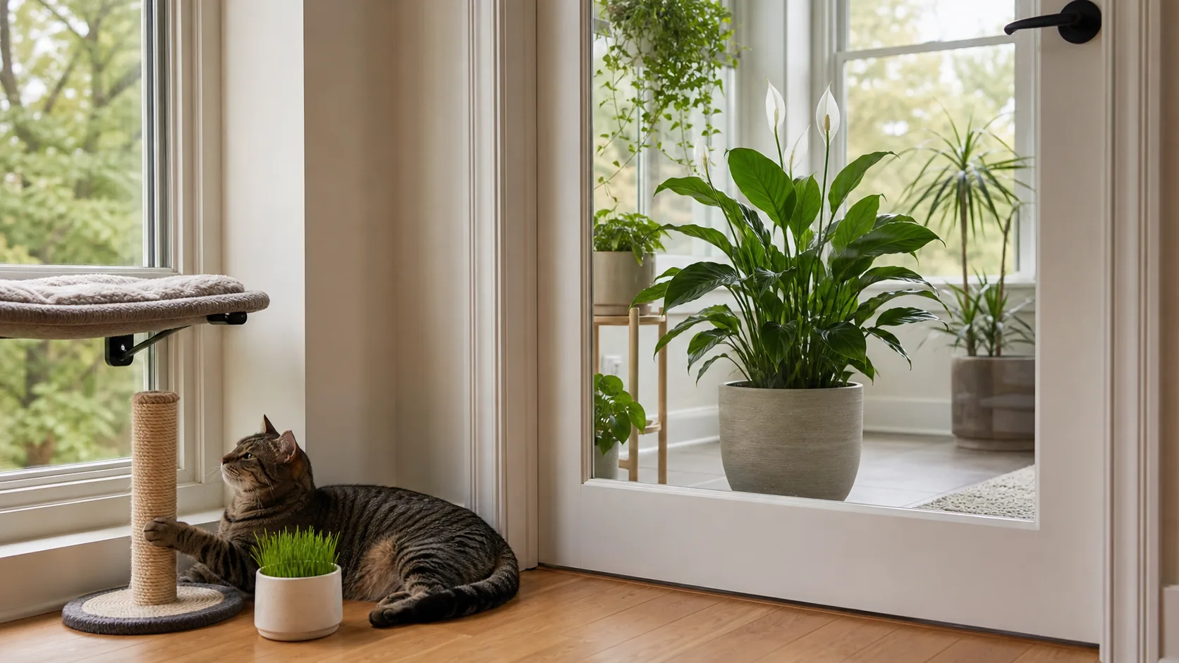 A Closed Glass Door Creates a Real Barrier While Cat Grass Adds Enrichment Is Peace Lily Toxic to Cats? Why It Is Not the Same as a True Lily - A Closed Glass Door Creates a Real Barrier While Cat Grass Adds Enrichment