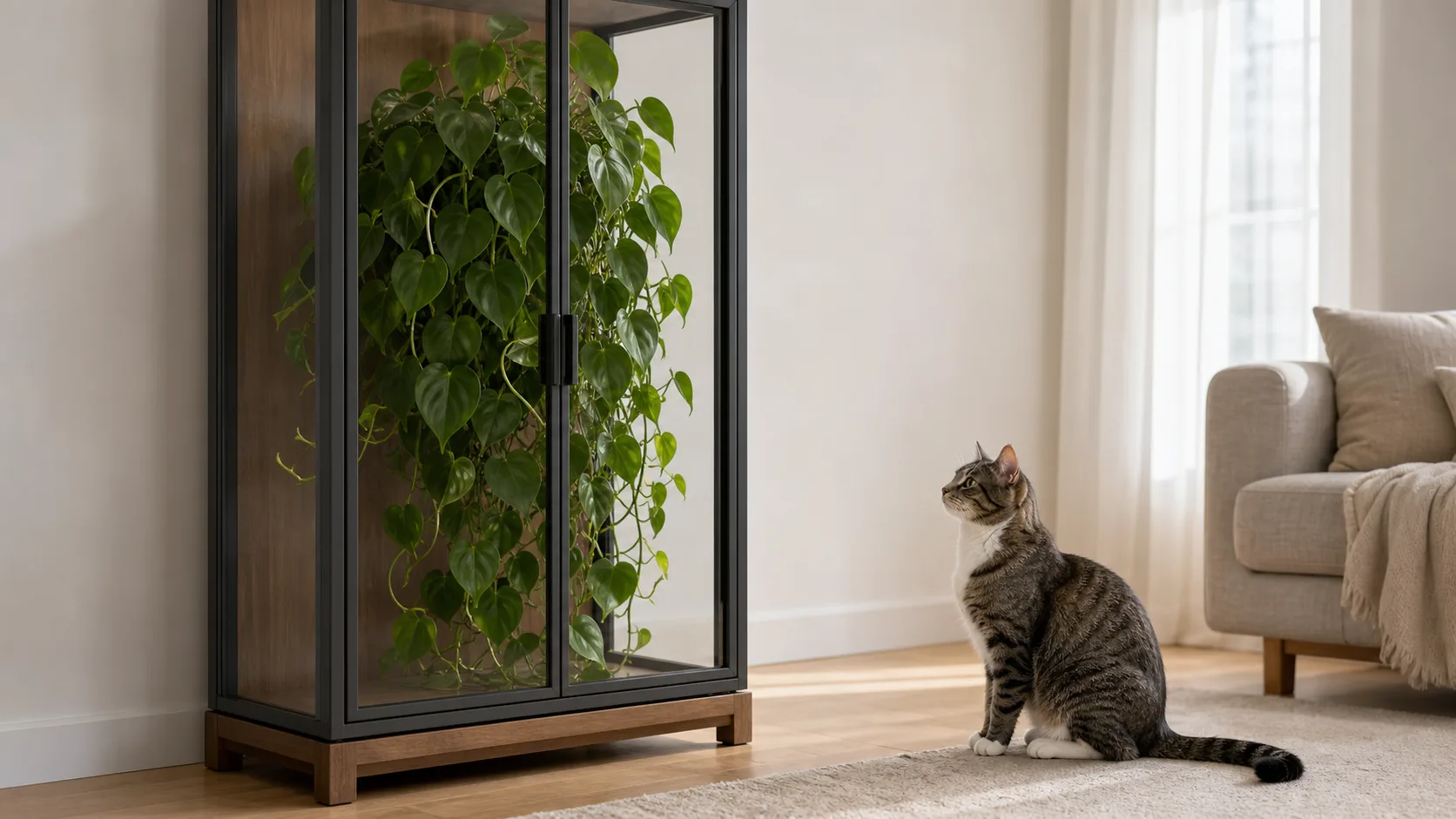 A Closed Cabinet Separates Heartleaf Philodendron From the Cat Is Philodendron Toxic to Cats? Symptoms and Safer Alternatives - A Closed Cabinet Separates Heartleaf Philodendron From the Cat