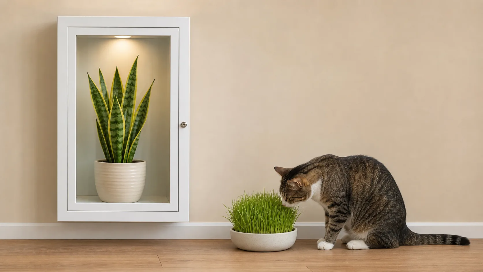 A Locked Glass Cabinet Separates Snake Plant From Cat Grass Is Snake Plant Toxic to Cats? Signs, Risk, and Prevention - A Locked Glass Cabinet Separates Snake Plant From Cat Grass