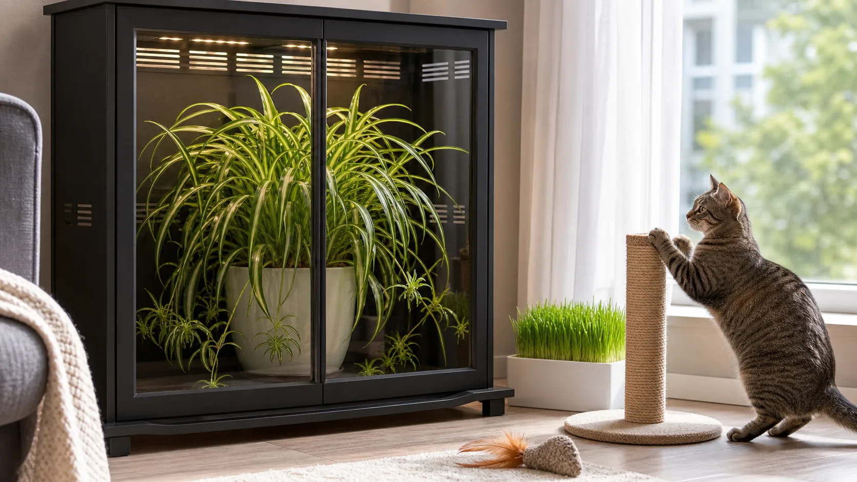 A Closed Plant Cabinet and Cat Grass Create a Durable Household Setup Is Spider Plant Toxic to Cats? Why Cats Chew It and What to Do - A Closed Plant Cabinet and Cat Grass Create a Durable Household Setup