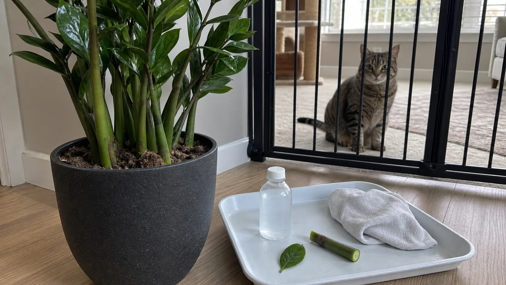 Isolate Broken ZZ Tissue and Remove Sap Residue Before the Cat Can Lick It Is ZZ Plant Toxic to Cats? Symptoms, Sap, and Safer Placement - Isolate Broken ZZ Tissue and Remove Sap Residue Before the Cat Can Lick It