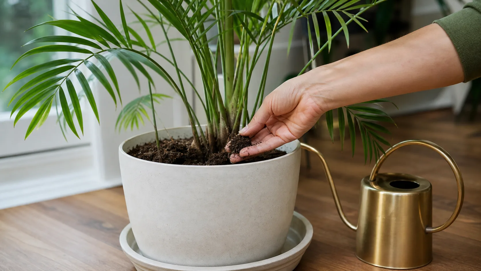 Watering: Even Moisture, Not Constant Wetness Majesty Palm Care Indoors: Light, Water, and Brown Tips - Watering: Even Moisture, Not Constant Wetness