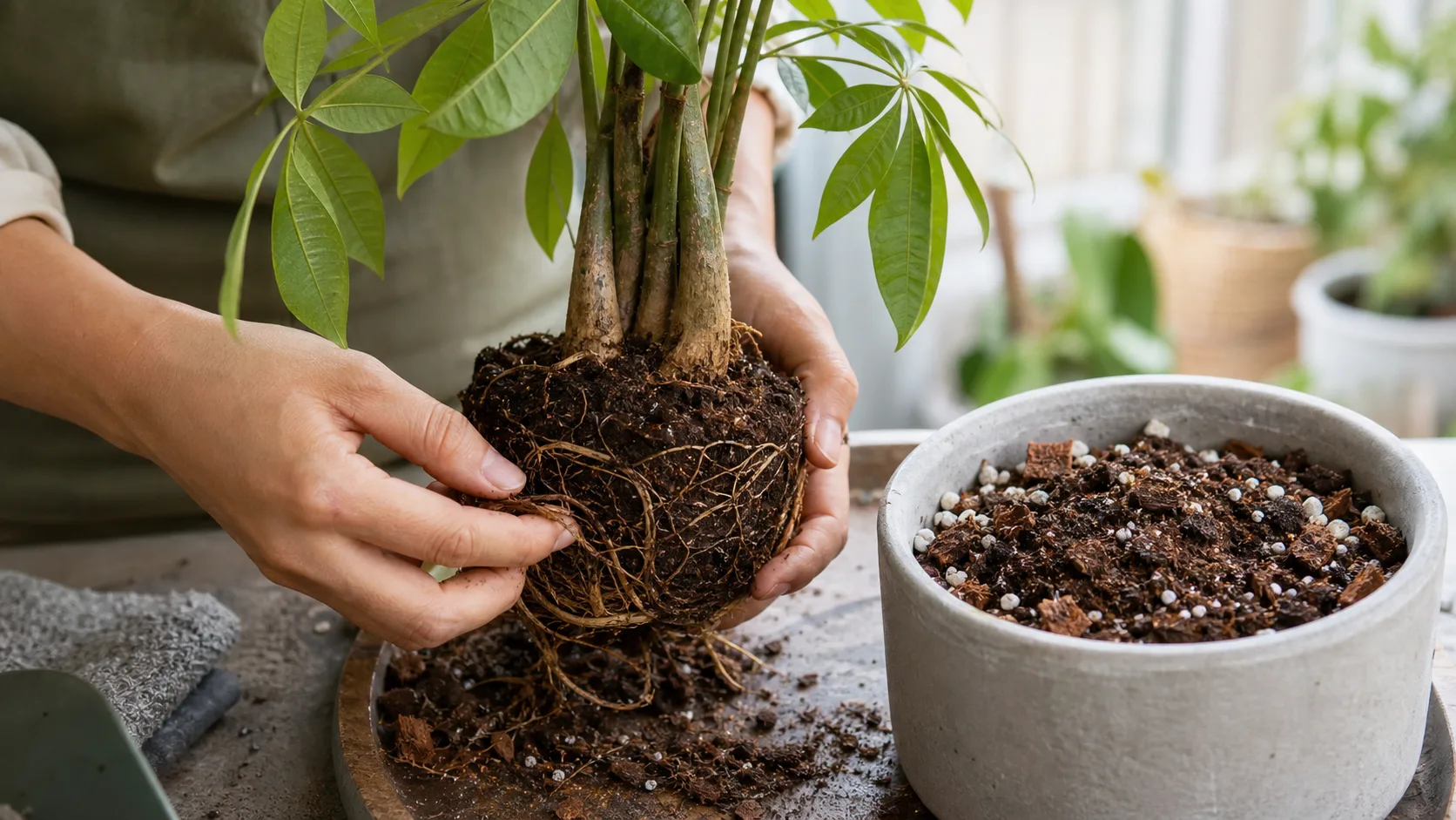 Loosen Only the Outer Roots and Use an Airy Mix Money Tree Repotting: Pot Size, Soil, Roots, and Aftercare - Loosen Only the Outer Roots and Use an Airy Mix
