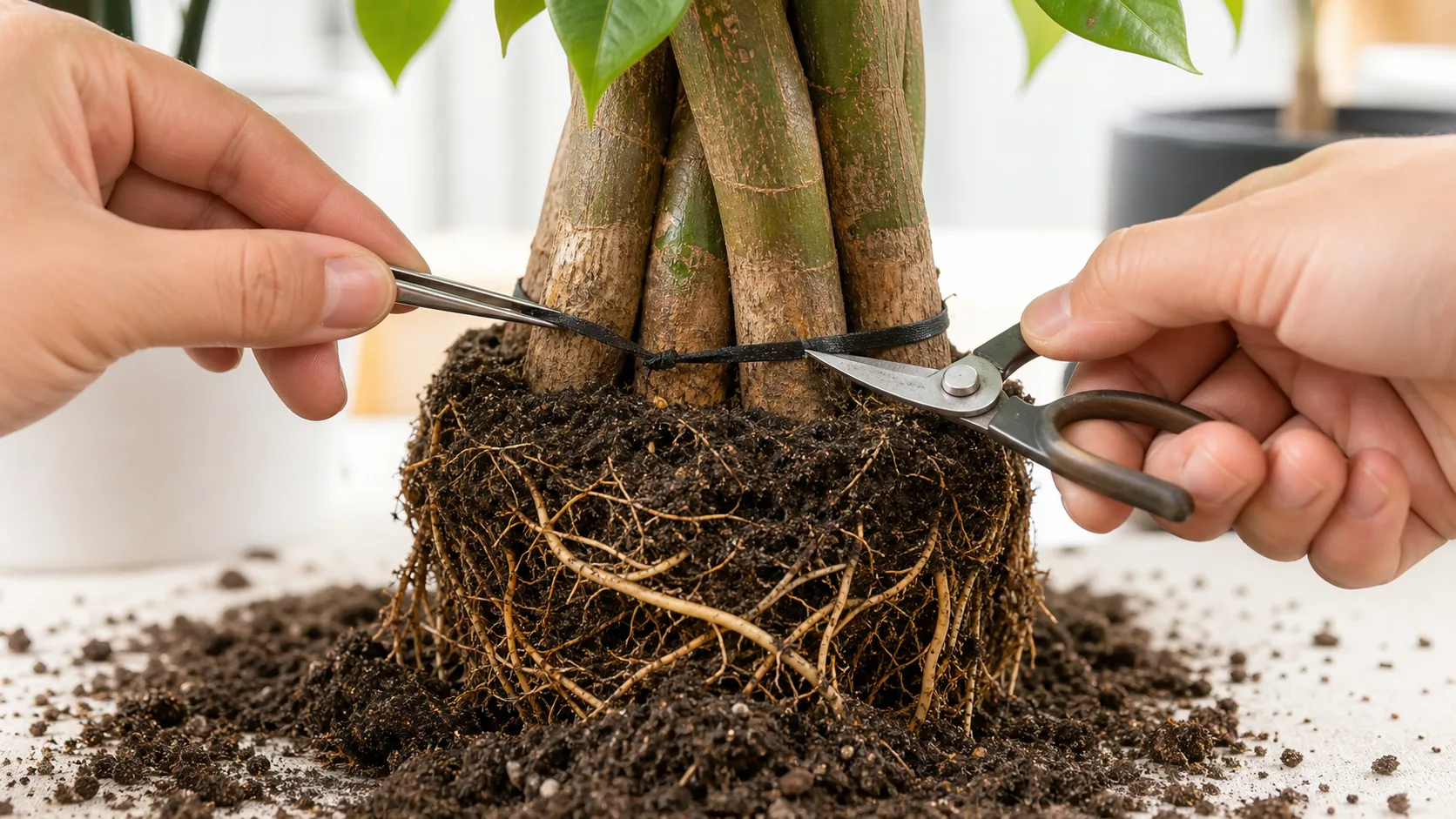 Remove a Hidden Nursery Tie From the Braided Trunks Money Tree Repotting: Pot Size, Soil, Roots, and Aftercare - Remove a Hidden Nursery Tie From the Braided Trunks