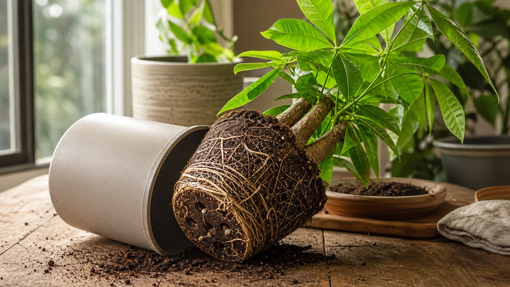 Circling Outer Roots Confirm That Repotting Is Due Money Tree Repotting: Pot Size, Soil, Roots, and Aftercare - Circling Outer Roots Confirm That Repotting Is Due
