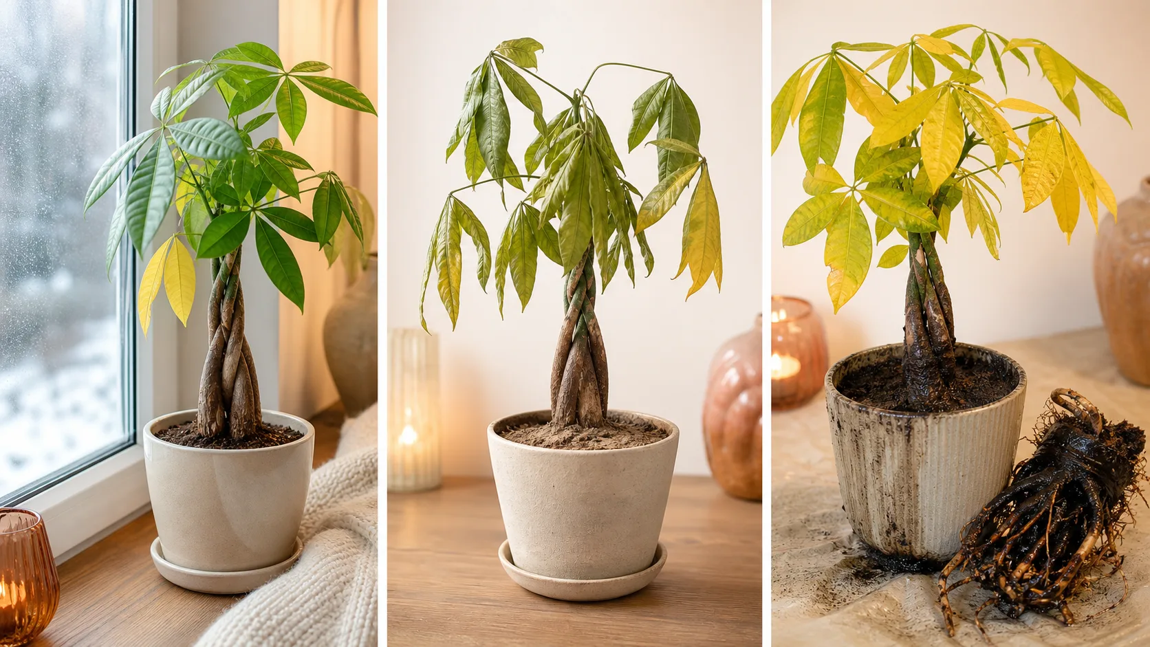Money Tree comparison showing cold-window stress, severe thirst, and wet-soil root trouble