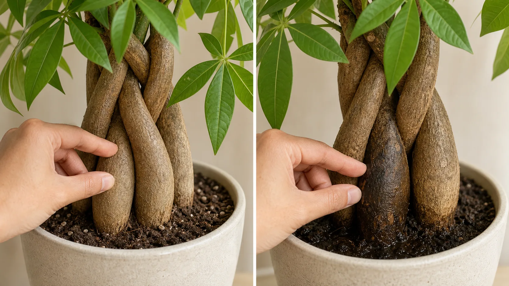 Side-by-side Money Tree braided trunks showing firm healthy bases and one dark soft declining trunk