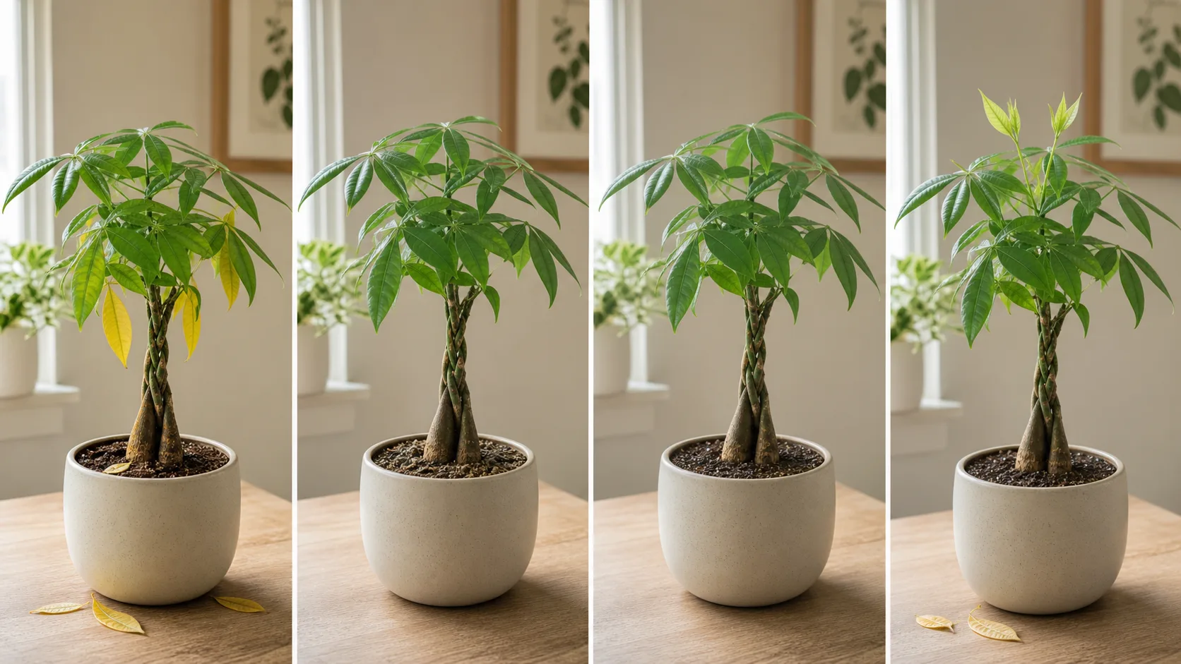Four-stage Money Tree recovery sequence from yellow leaf loss to stable foliage and healthy new growth