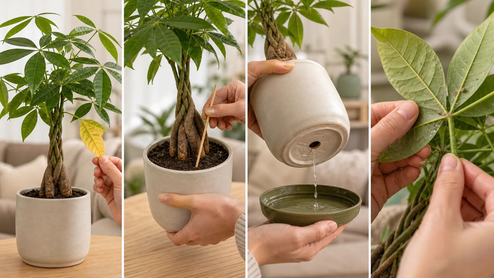 Four-step Money Tree diagnostic workflow showing a yellow leaf, deep moisture test, drainage check, and pest inspection