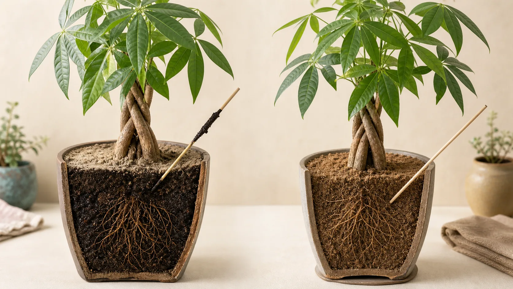 Cutaway comparison of a Money Tree pot with a dry surface but wet center versus a pot dry through the root zone