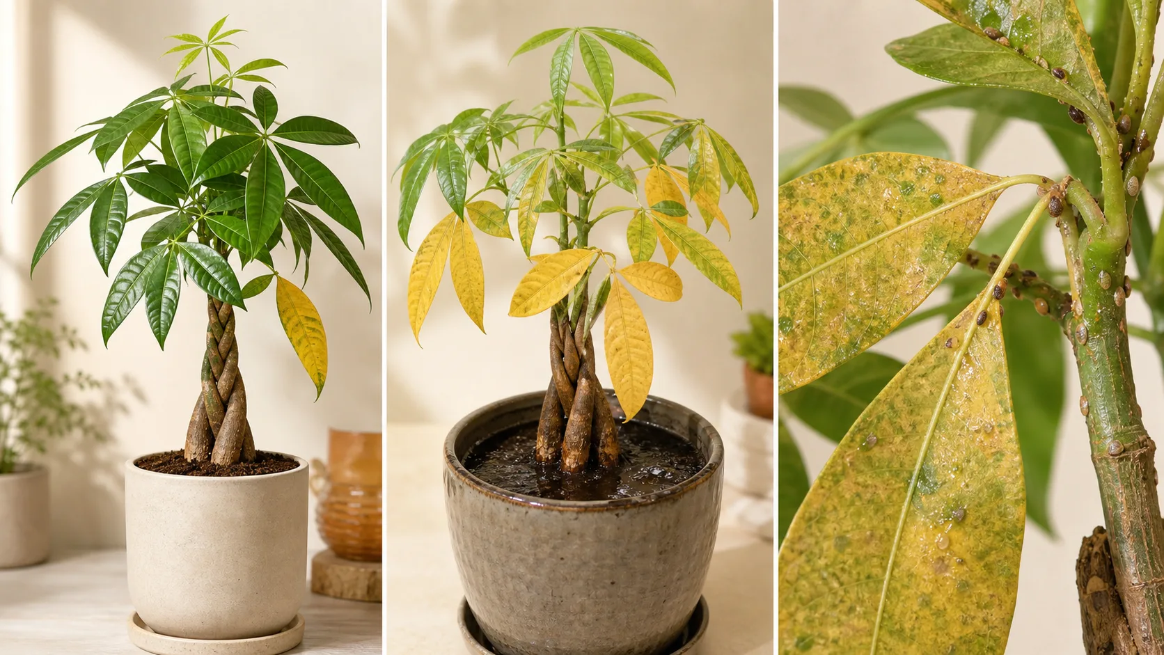 Three Money Tree yellow-leaf patterns: one aging lower leaf, widespread yellowing in wet soil, and pest damage