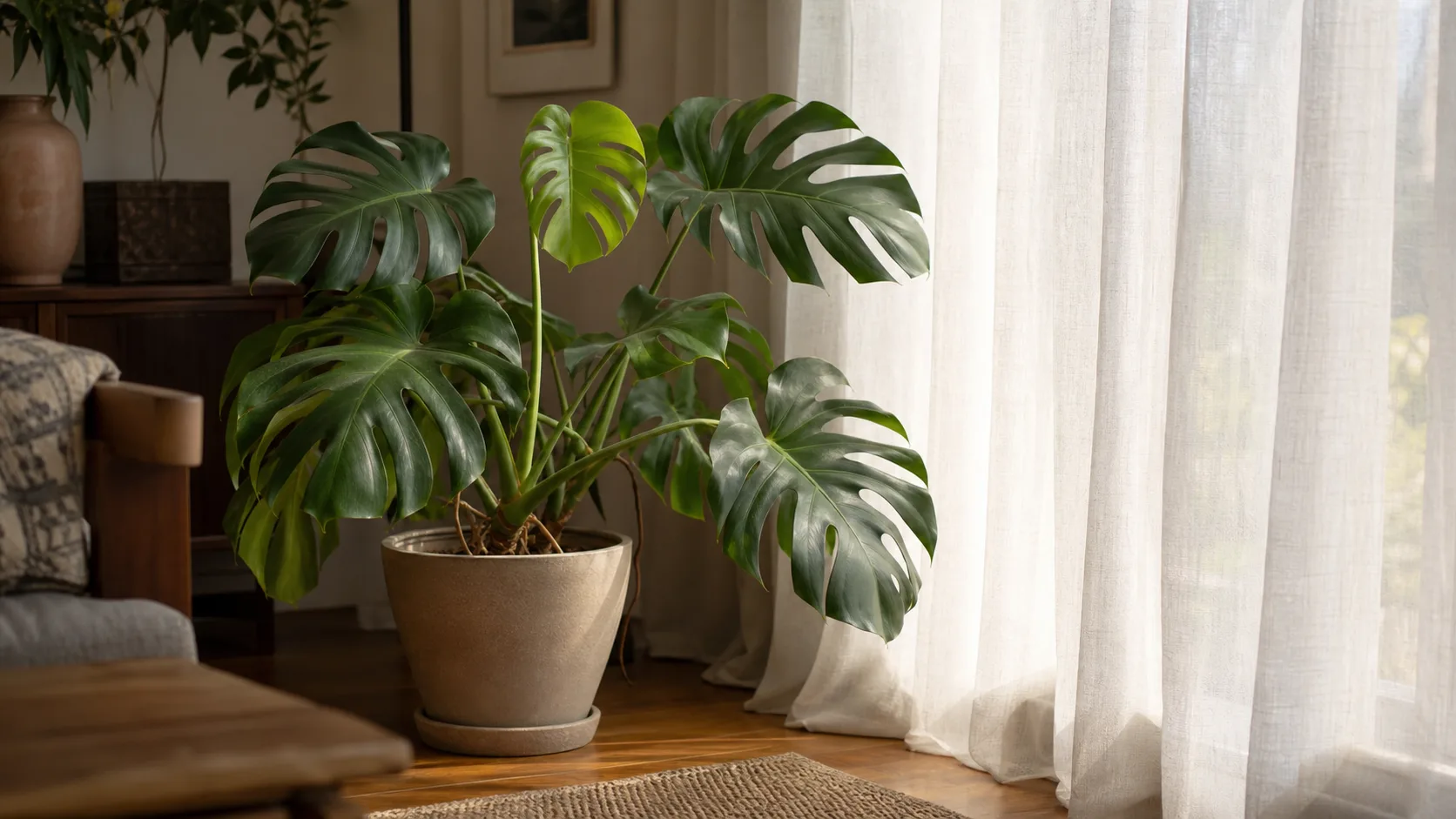 Filter strong sun while keeping the plant in useful light Monstera placed behind a sheer curtain in filtered indirect light