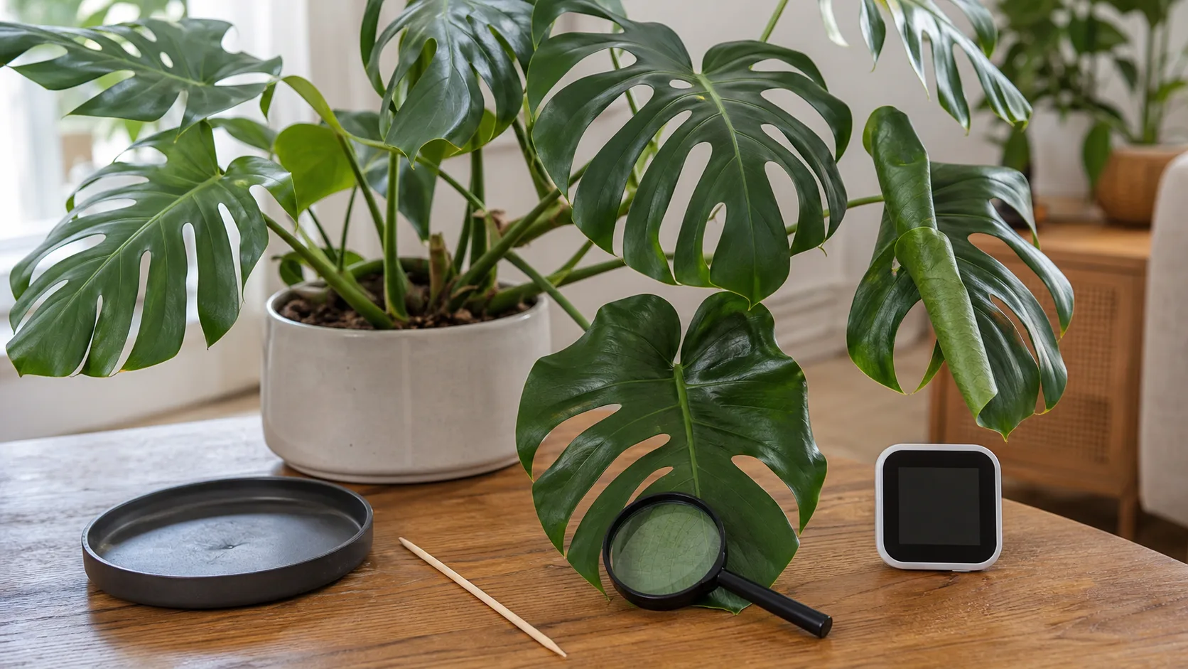 Combine several observations before choosing a treatment Monstera diagnostic setup with saucer, moisture skewer, magnifier, and humidity meter