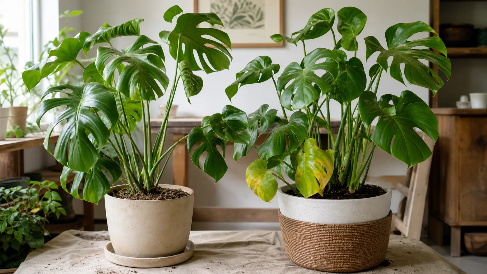 Similar curled leaves can come from different root-zone conditions Two Monsteras showing different curling and root-zone stress patterns