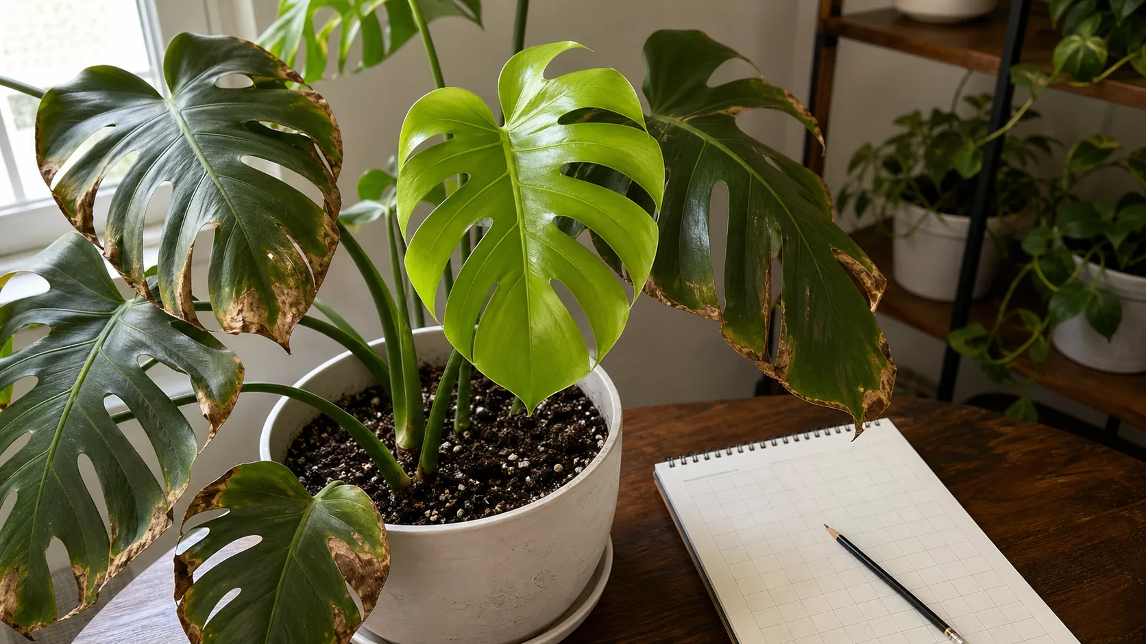 Judge recovery by stable new growth, not old damaged tissue Monstera with older damaged leaves and clean healthy new growth beside a care log