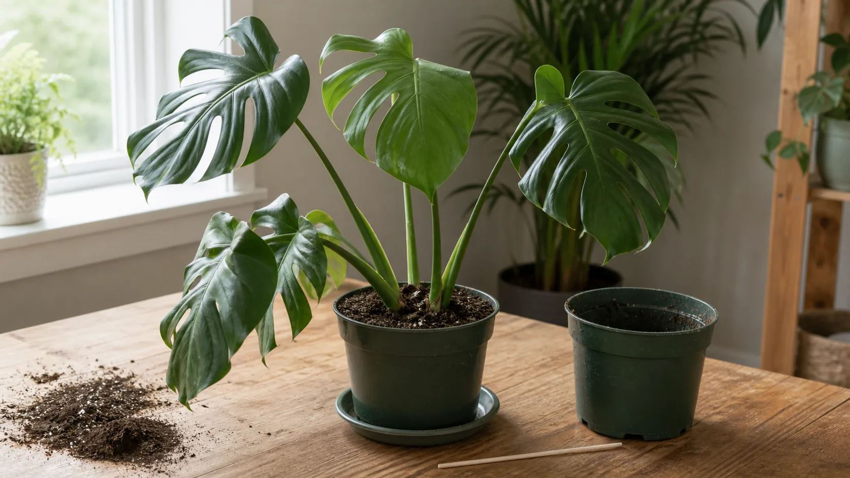 Observe moisture and stability after repotting before disturbing roots again Recently repotted Monstera beside its former pot and a moisture skewer