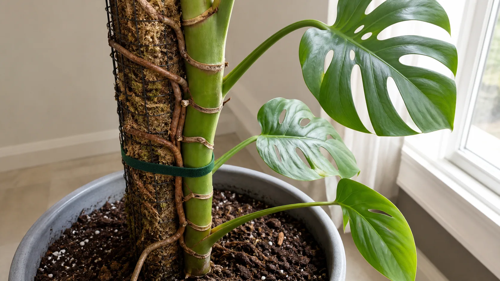 Nodes and Aerial Roots Face the Pole While Leaves Face the Window Moss Pole for Monstera: Choose, Install, and Train It Correctly - Nodes and Aerial Roots Face the Pole While Leaves Face the Window