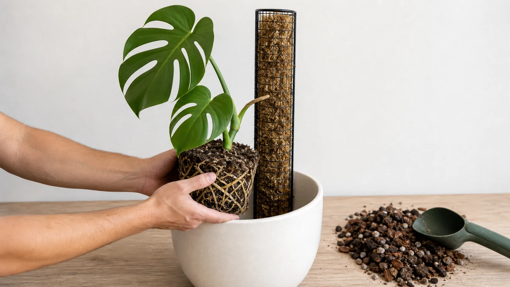 Place the Pole Behind the Root Ball During Repotting Moss Pole for Monstera: Choose, Install, and Train It Correctly - Place the Pole Behind the Root Ball During Repotting
