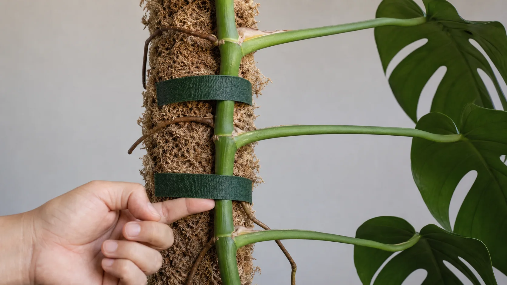 Soft Ties Belong on the Main Vine Between Nodes, Not on Petioles Moss Pole for Monstera: Choose, Install, and Train It Correctly - Soft Ties Belong on the Main Vine Between Nodes, Not on Petioles