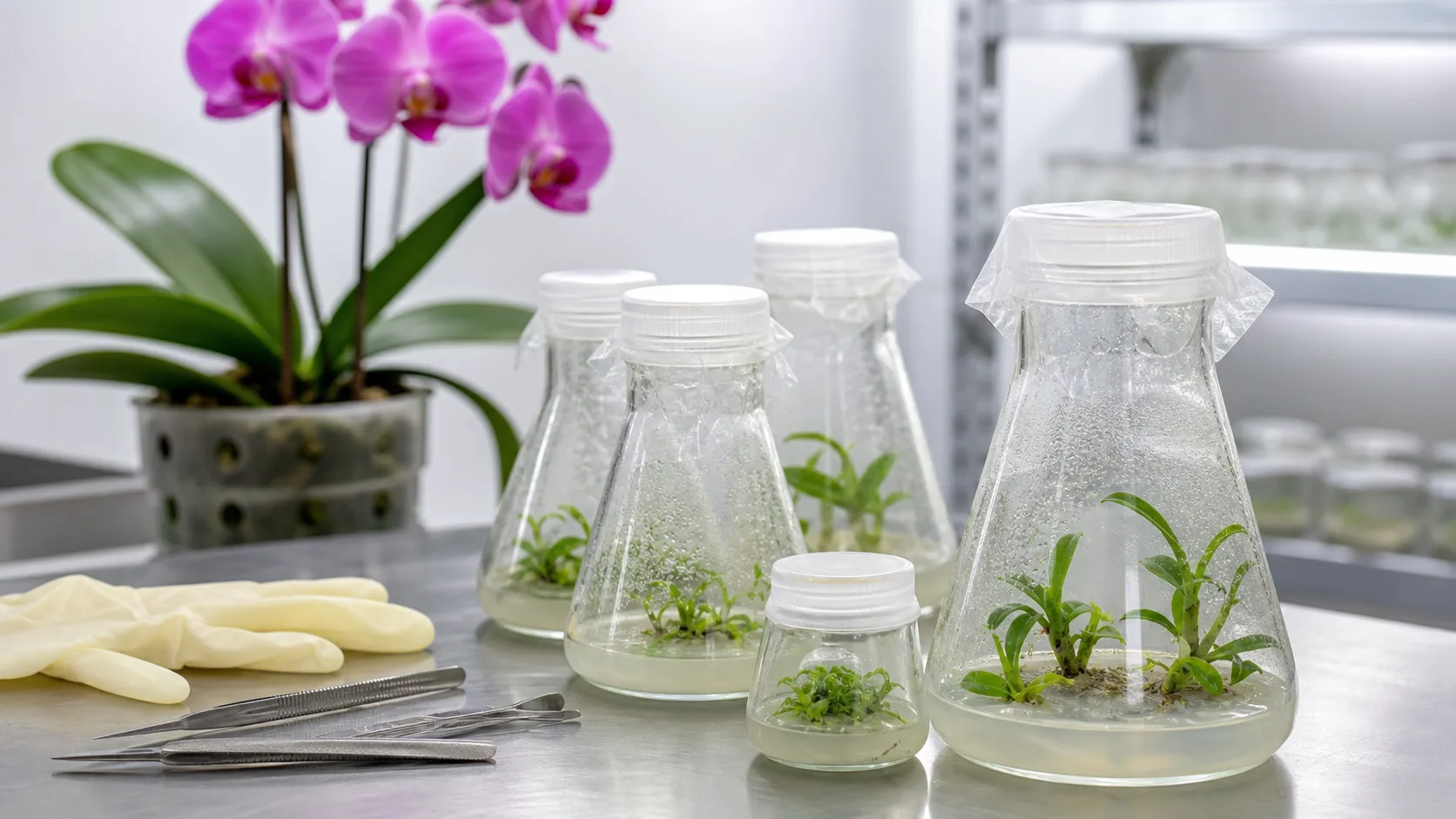 Orchid seedlings growing inside sterile laboratory culture flasks