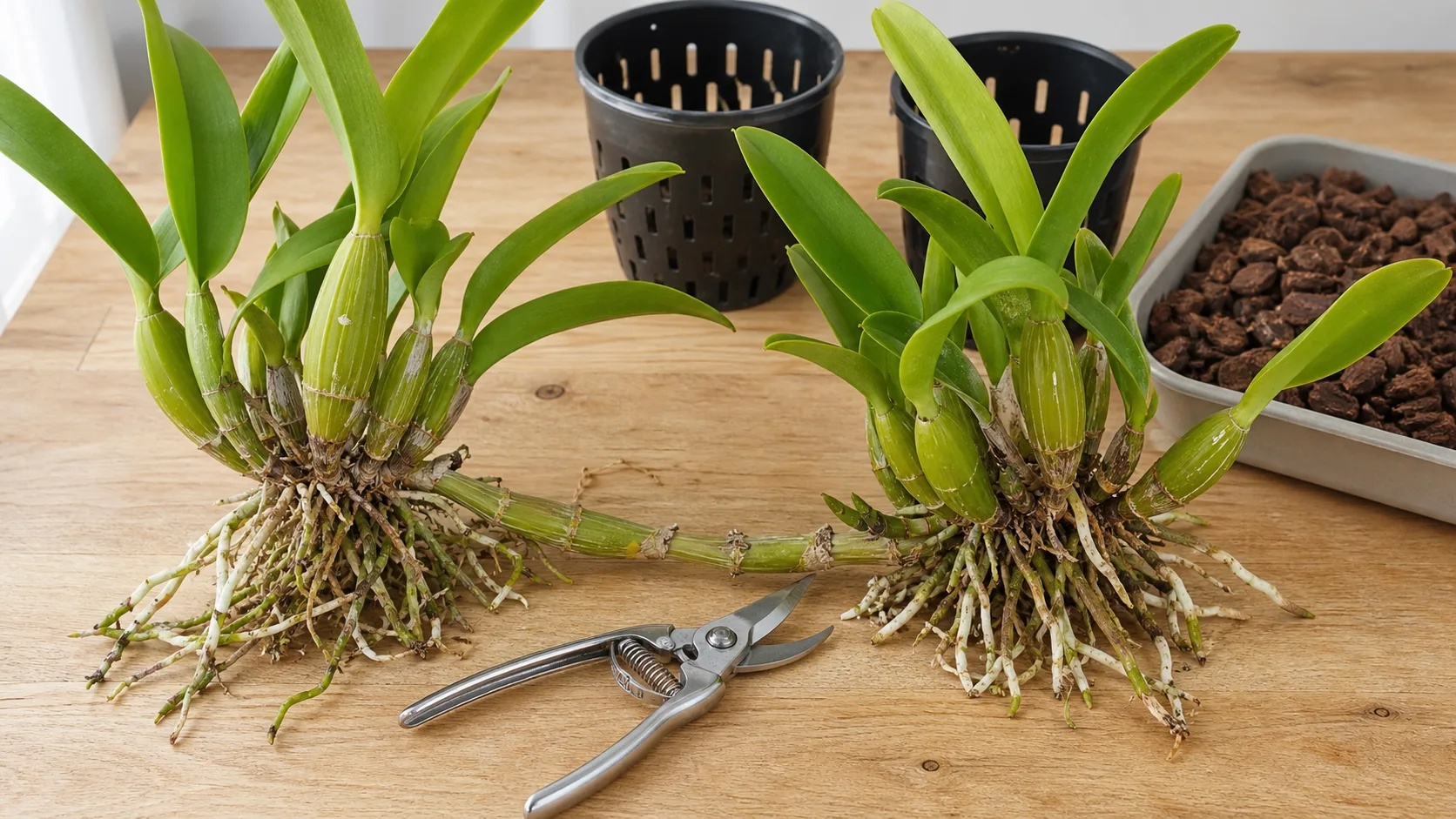 Two rooted orchid groups connected by a horizontal rhizome