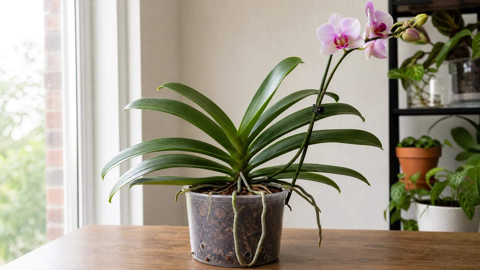 Healthy Phalaenopsis roots visible through a ventilated clear pot