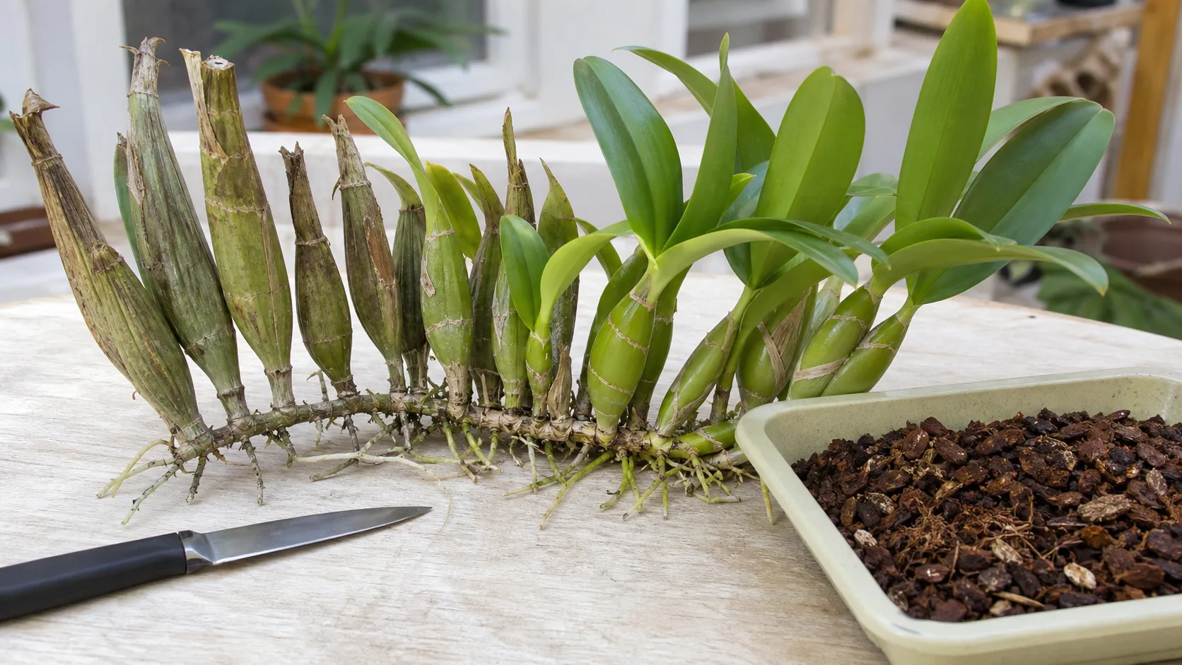 Older orchid backbulbs beside vigorous new leafy growth