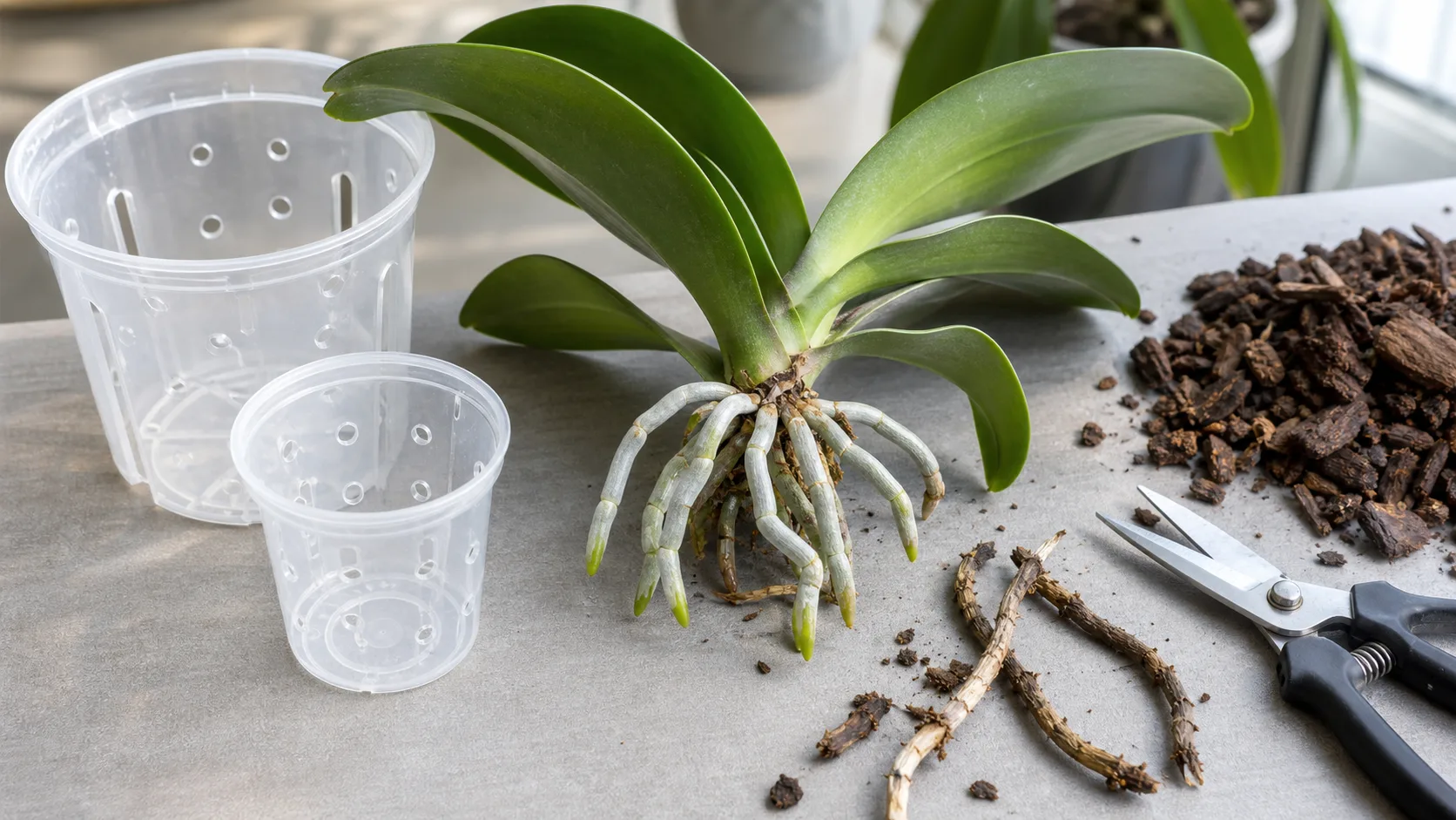 Match the new pot to the viable roots that remain Unpotted Phalaenopsis with firm viable roots, removed hollow roots, fresh bark, clean snips, and two ventilated pot sizes