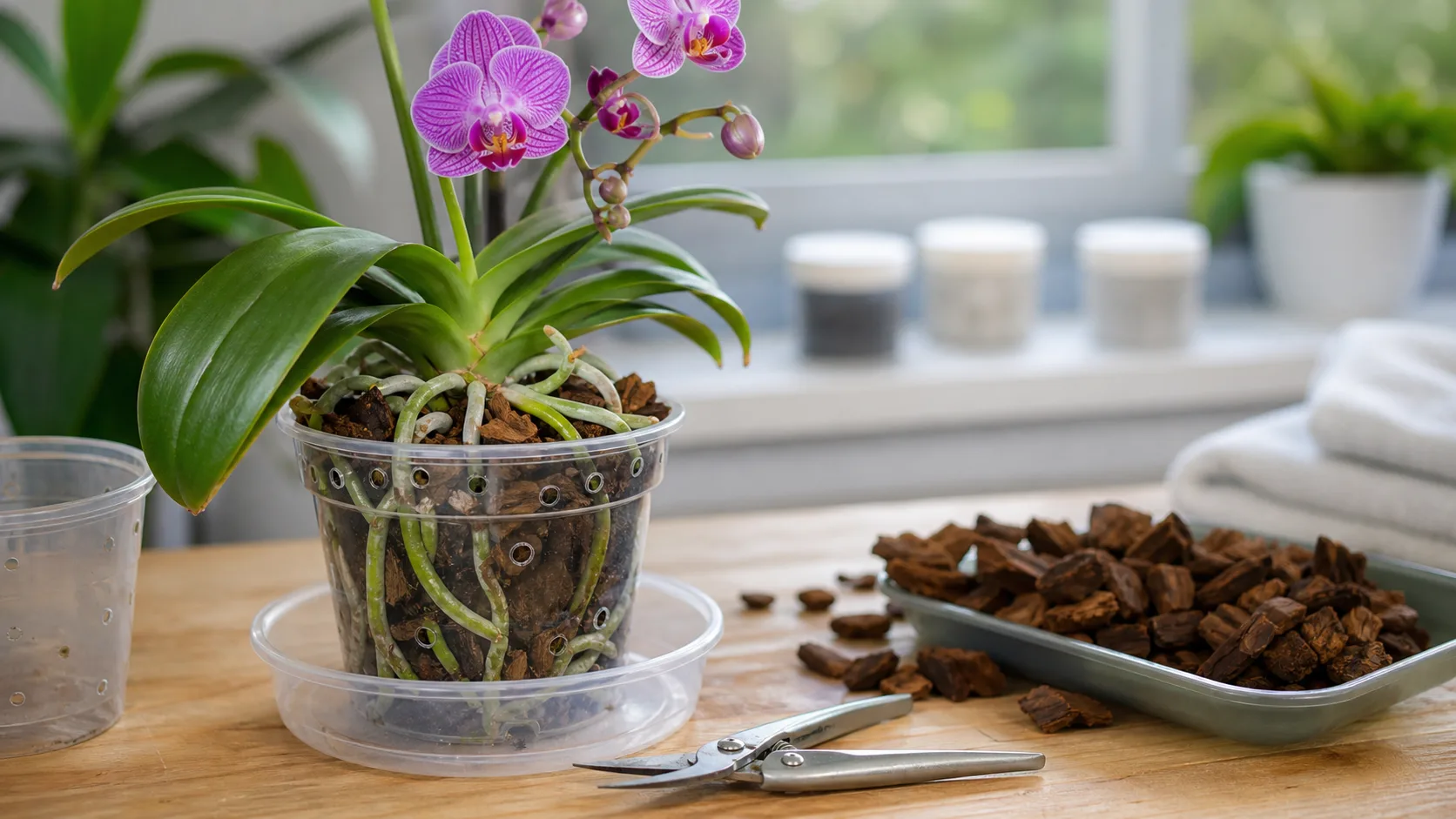 Fix roots, medium, drainage, and watering before reaching for treatments Repotted Phalaenopsis in fresh bark with clean tools and treatment containers set aside