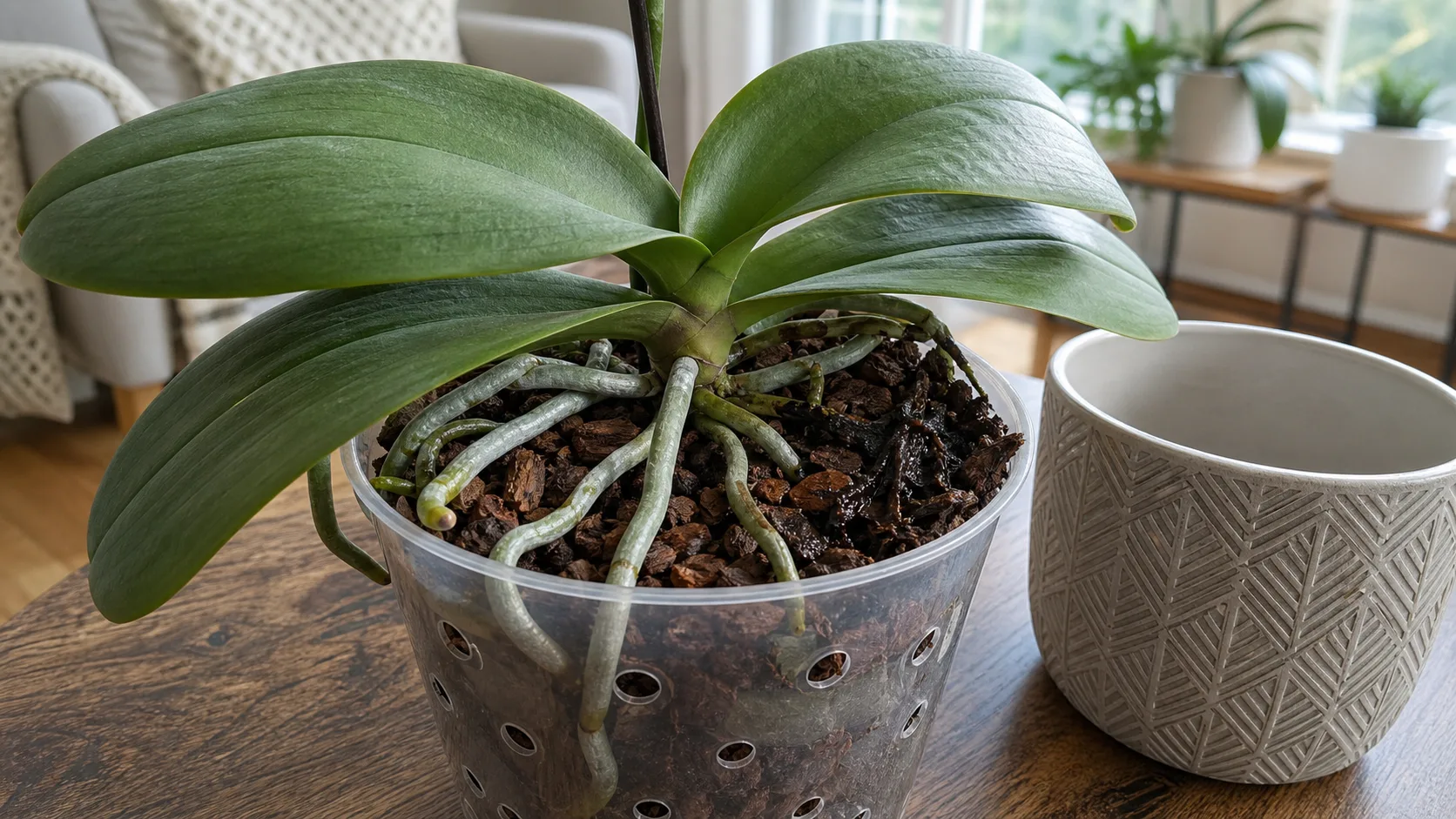 One-minute orchid root rot triage Phalaenopsis in a clear pot with firm roots and a small dark wet root-zone patch