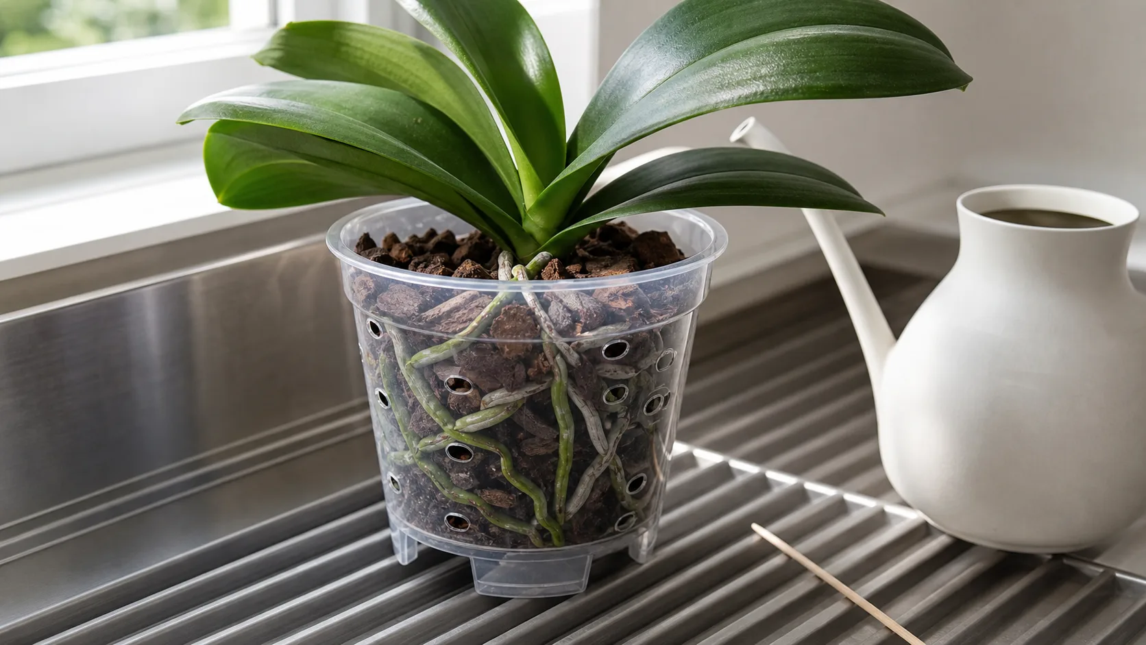 Water thoroughly, drain fully, then reassess dryness Recovering Phalaenopsis in fresh chunky bark draining over a sink rack with visible hydrated and drying roots