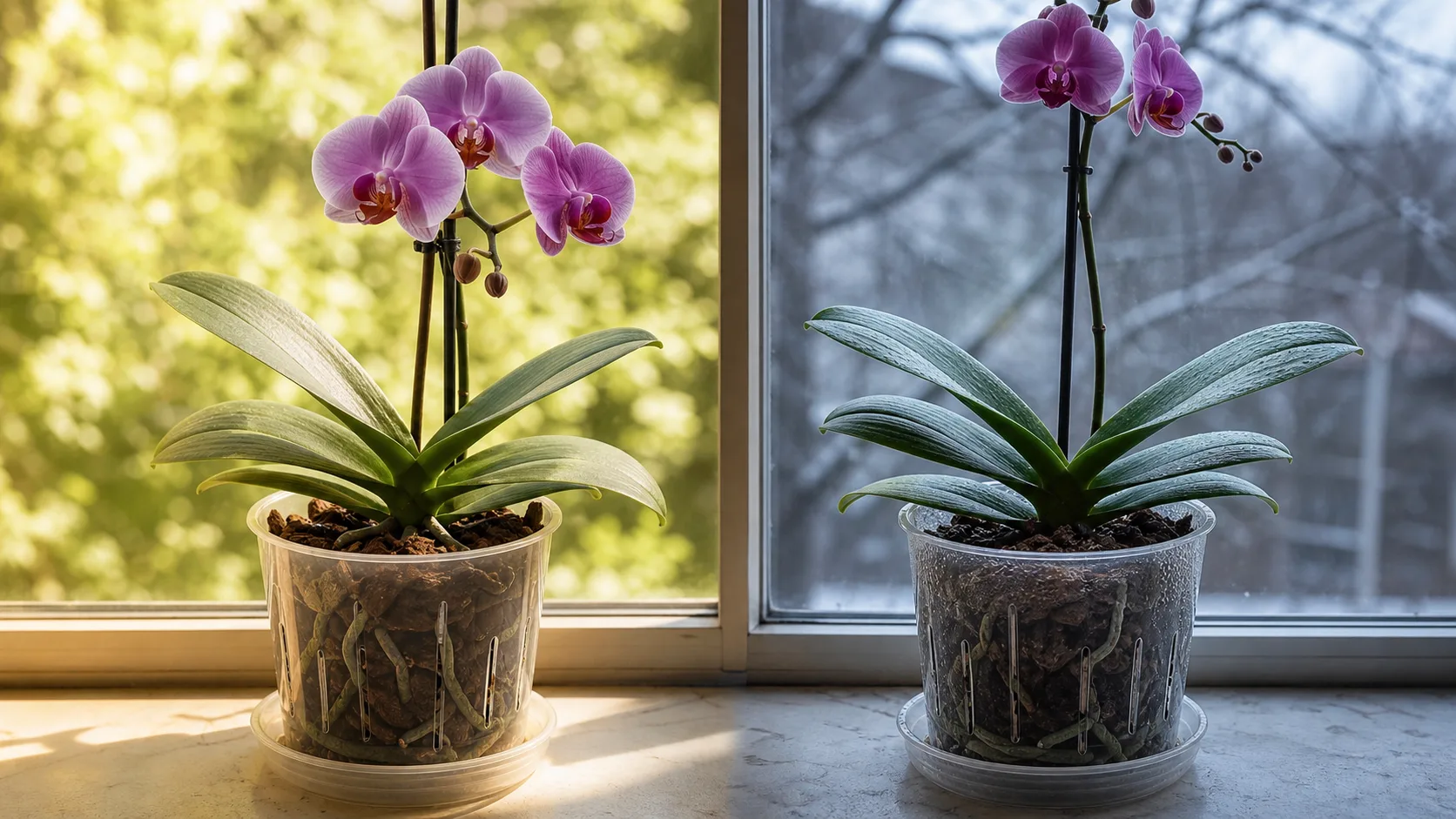 Orchid bark dries at different speeds across seasons Two Phalaenopsis orchids in clear pots comparing brighter warm-season conditions with cooler dim winter conditions
